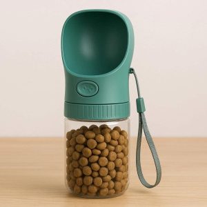 18 2 in 1 Dog Water Bottle and Food Container Portable Pet Travel Bowl for Walking Hiking with Leak Proof Seal and Carrying Lanyard Green