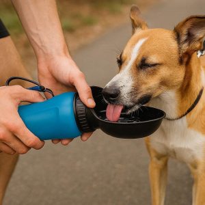 23 Squeeze Dog Water Bottle with Auto Fill Bowl Portable Pet Travel Drinker for One Handed Hydration During Running and Exercise 20oz Blue