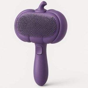 8 Pumpkin Shaped Pet Slicker Brush for Shedding and Grooming Self Cleaning Massage Tool for Cats and Dogs with Fine Wire Bristles Purple Design